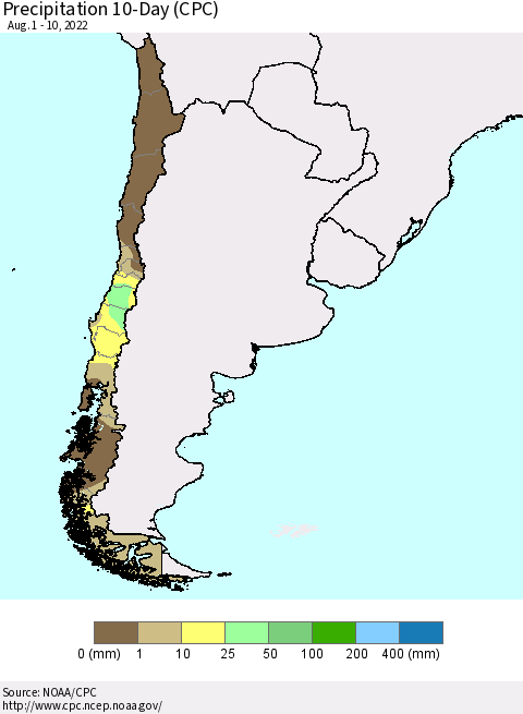 Chile Precipitation 10-Day (CPC) Thematic Map For 8/1/2022 - 8/10/2022