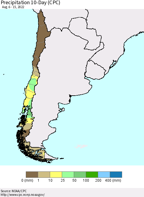 Chile Precipitation 10-Day (CPC) Thematic Map For 8/6/2022 - 8/15/2022
