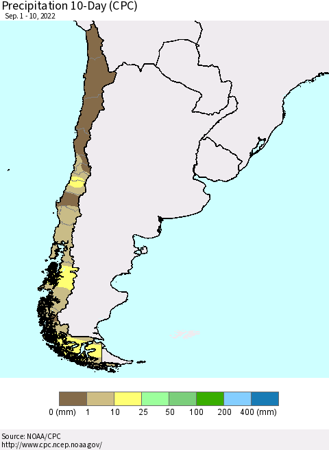 Chile Precipitation 10-Day (CPC) Thematic Map For 9/1/2022 - 9/10/2022