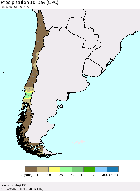 Chile Precipitation 10-Day (CPC) Thematic Map For 9/26/2022 - 10/5/2022