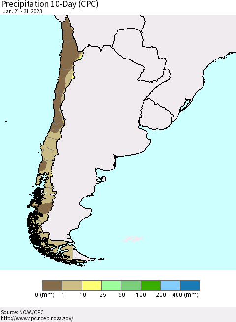 Chile Precipitation 10-Day (CPC) Thematic Map For 1/21/2023 - 1/31/2023