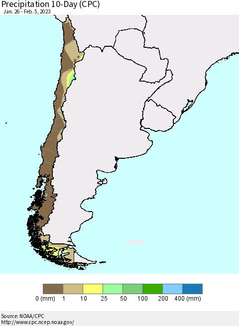 Chile Precipitation 10-Day (CPC) Thematic Map For 1/26/2023 - 2/5/2023