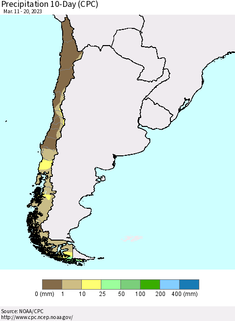Chile Precipitation 10-Day (CPC) Thematic Map For 3/11/2023 - 3/20/2023