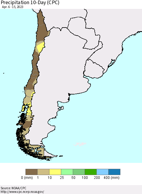 Chile Precipitation 10-Day (CPC) Thematic Map For 4/6/2023 - 4/15/2023