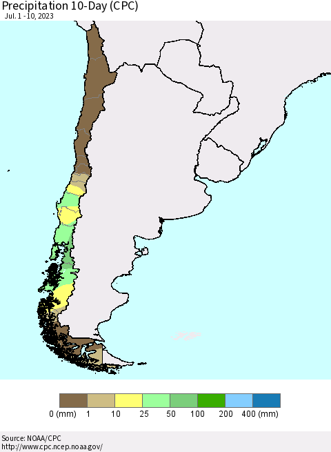 Chile Precipitation 10-Day (CPC) Thematic Map For 7/1/2023 - 7/10/2023