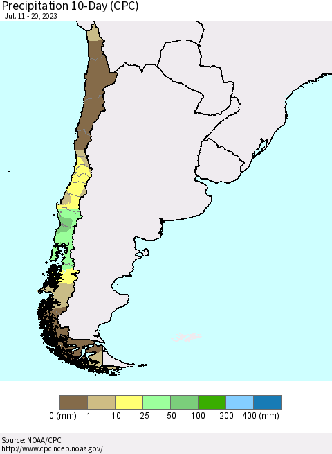Chile Precipitation 10-Day (CPC) Thematic Map For 7/11/2023 - 7/20/2023