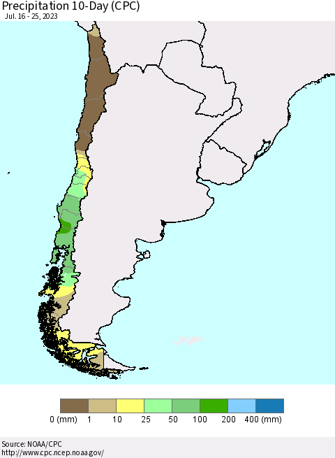Chile Precipitation 10-Day (CPC) Thematic Map For 7/16/2023 - 7/25/2023