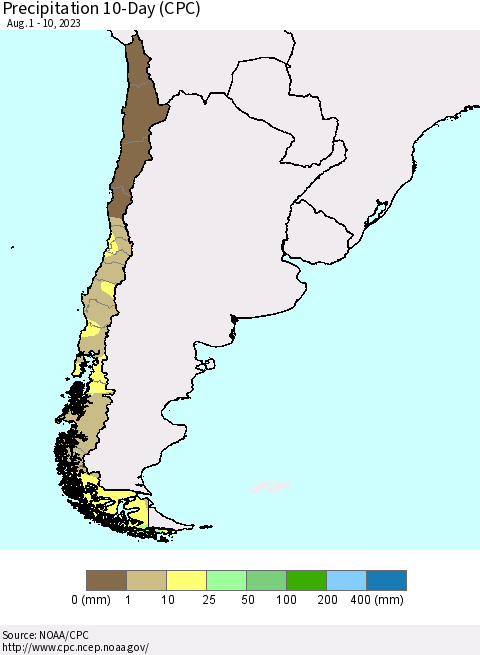 Chile Precipitation 10-Day (CPC) Thematic Map For 8/1/2023 - 8/10/2023