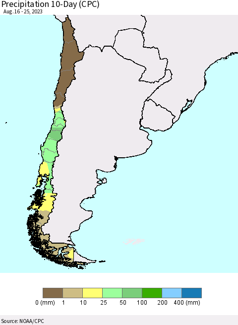 Chile Precipitation 10-Day (CPC) Thematic Map For 8/16/2023 - 8/25/2023