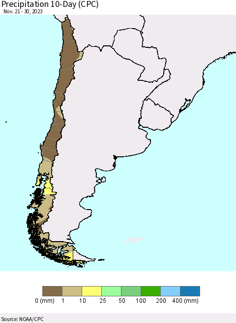 Chile Precipitation 10-Day (CPC) Thematic Map For 11/21/2023 - 11/30/2023
