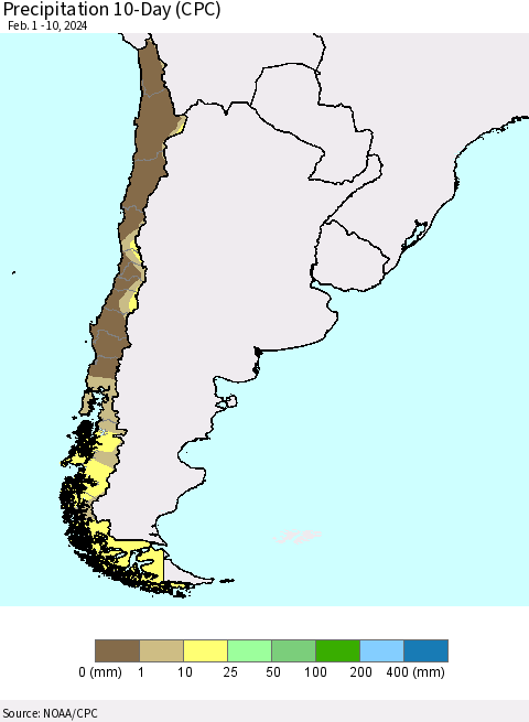 Chile Precipitation 10-Day (CPC) Thematic Map For 2/1/2024 - 2/10/2024
