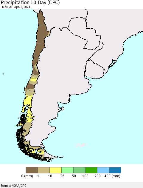 Chile Precipitation 10-Day (CPC) Thematic Map For 3/26/2024 - 4/5/2024