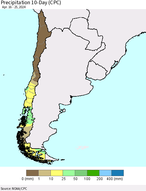 Chile Precipitation 10-Day (CPC) Thematic Map For 4/16/2024 - 4/25/2024