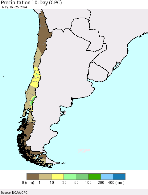 Chile Precipitation 10-Day (CPC) Thematic Map For 5/16/2024 - 5/25/2024