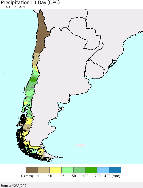 Chile Precipitation 10-Day (CPC) Thematic Map For 6/11/2024 - 6/20/2024