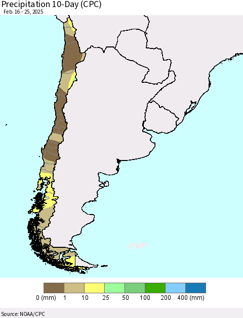 Chile Precipitation 10-Day (CPC) Thematic Map For 2/16/2025 - 2/25/2025
