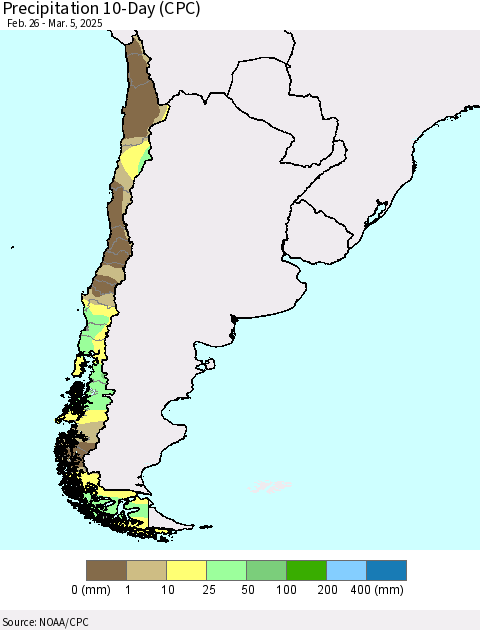 Chile Precipitation 10-Day (CPC) Thematic Map For 2/26/2025 - 3/5/2025