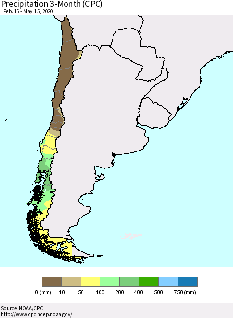 Chile Precipitation 3-Month (CPC) Thematic Map For 2/16/2020 - 5/15/2020
