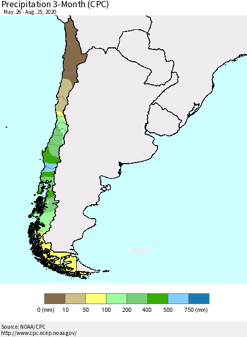 Chile Precipitation 3-Month (CPC) Thematic Map For 5/26/2020 - 8/25/2020