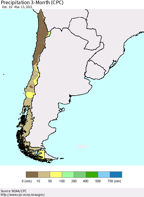 Chile Precipitation 3-Month (CPC) Thematic Map For 12/16/2020 - 3/15/2021