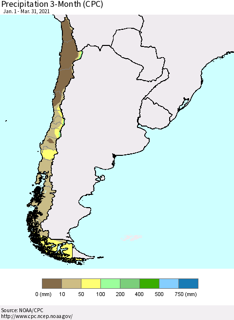 Chile Precipitation 3-Month (CPC) Thematic Map For 1/1/2021 - 3/31/2021