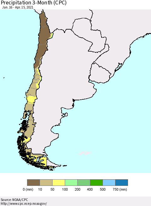 Chile Precipitation 3-Month (CPC) Thematic Map For 1/16/2021 - 4/15/2021