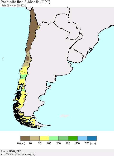 Chile Precipitation 3-Month (CPC) Thematic Map For 2/26/2021 - 5/25/2021
