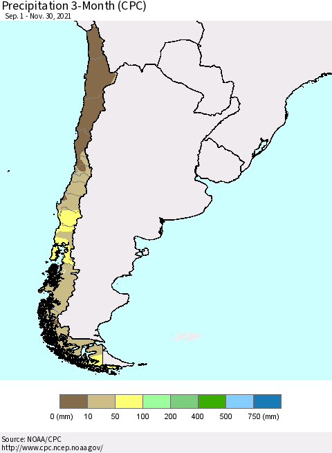 Chile Precipitation 3-Month (CPC) Thematic Map For 9/1/2021 - 11/30/2021