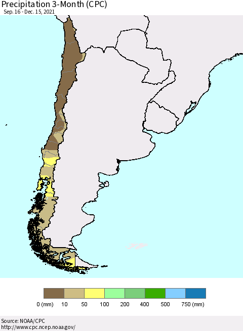 Chile Precipitation 3-Month (CPC) Thematic Map For 9/16/2021 - 12/15/2021