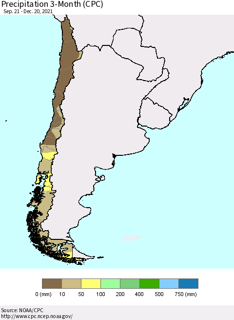 Chile Precipitation 3-Month (CPC) Thematic Map For 9/21/2021 - 12/20/2021