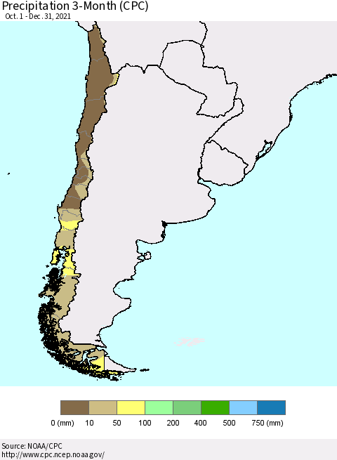 Chile Precipitation 3-Month (CPC) Thematic Map For 10/1/2021 - 12/31/2021