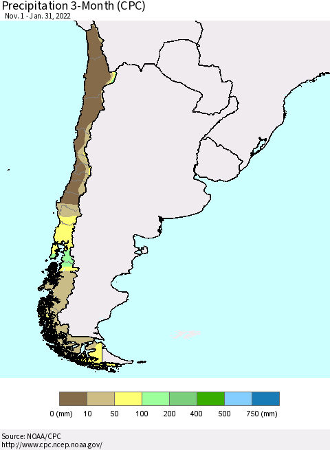 Chile Precipitation 3-Month (CPC) Thematic Map For 11/1/2021 - 1/31/2022