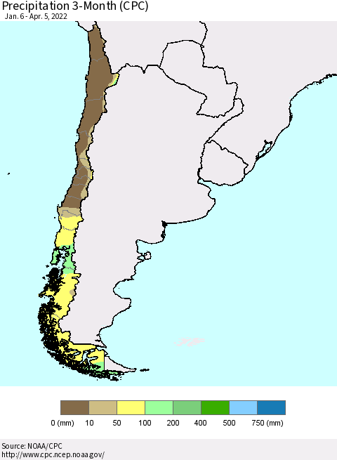 Chile Precipitation 3-Month (CPC) Thematic Map For 1/6/2022 - 4/5/2022