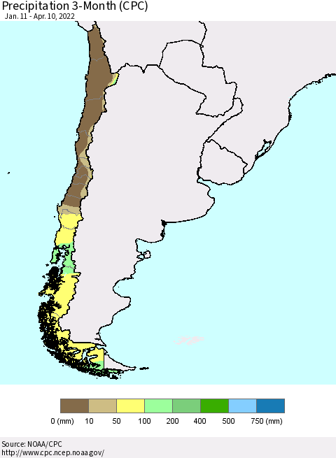 Chile Precipitation 3-Month (CPC) Thematic Map For 1/11/2022 - 4/10/2022