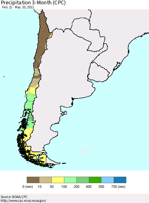 Chile Precipitation 3-Month (CPC) Thematic Map For 2/21/2022 - 5/20/2022