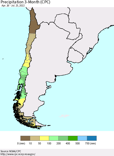 Chile Precipitation 3-Month (CPC) Thematic Map For 4/26/2022 - 7/25/2022