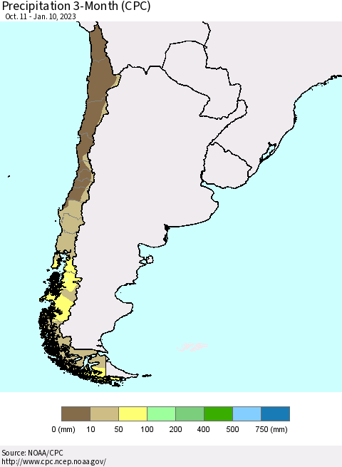 Chile Precipitation 3-Month (CPC) Thematic Map For 10/11/2022 - 1/10/2023