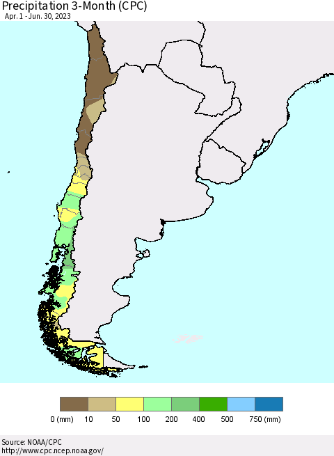 Chile Precipitation 3-Month (CPC) Thematic Map For 4/1/2023 - 6/30/2023