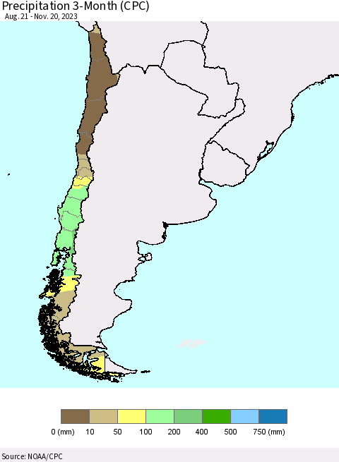 Chile Precipitation 3-Month (CPC) Thematic Map For 8/21/2023 - 11/20/2023