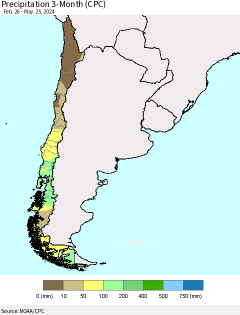 Chile Precipitation 3-Month (CPC) Thematic Map For 2/26/2024 - 5/25/2024