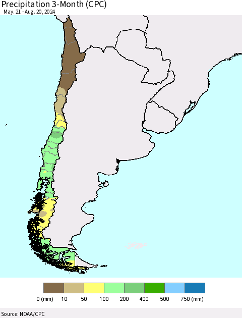 Chile Precipitation 3-Month (CPC) Thematic Map For 5/21/2024 - 8/20/2024