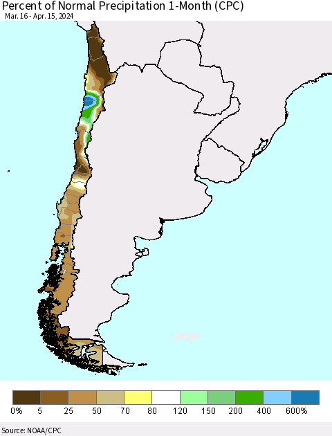 Chile Percent of Normal Precipitation 1-Month (CPC) Thematic Map For 3/16/2024 - 4/15/2024