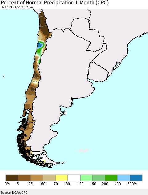 Chile Percent of Normal Precipitation 1-Month (CPC) Thematic Map For 3/21/2024 - 4/20/2024
