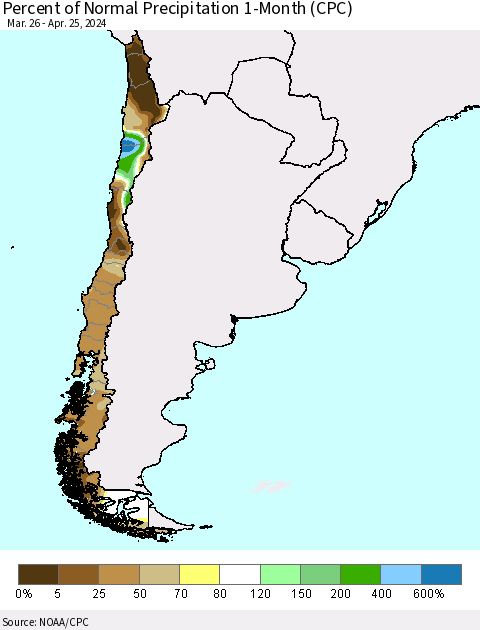 Chile Percent of Normal Precipitation 1-Month (CPC) Thematic Map For 3/26/2024 - 4/25/2024