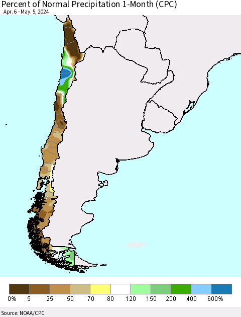 Chile Percent of Normal Precipitation 1-Month (CPC) Thematic Map For 4/6/2024 - 5/5/2024