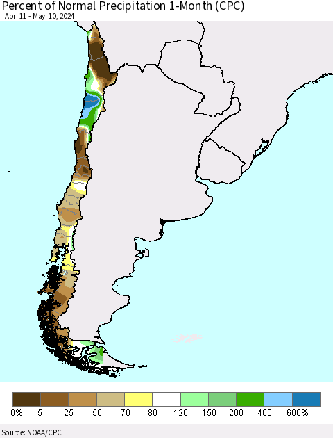 Chile Percent of Normal Precipitation 1-Month (CPC) Thematic Map For 4/11/2024 - 5/10/2024