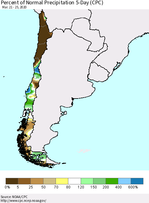 Chile Percent of Normal Precipitation 5-Day (CPC) Thematic Map For 3/21/2020 - 3/25/2020