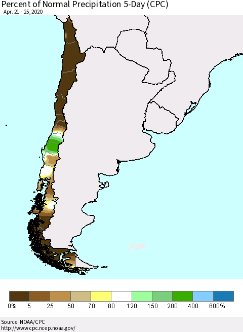 Chile Percent of Normal Precipitation 5-Day (CPC) Thematic Map For 4/21/2020 - 4/25/2020