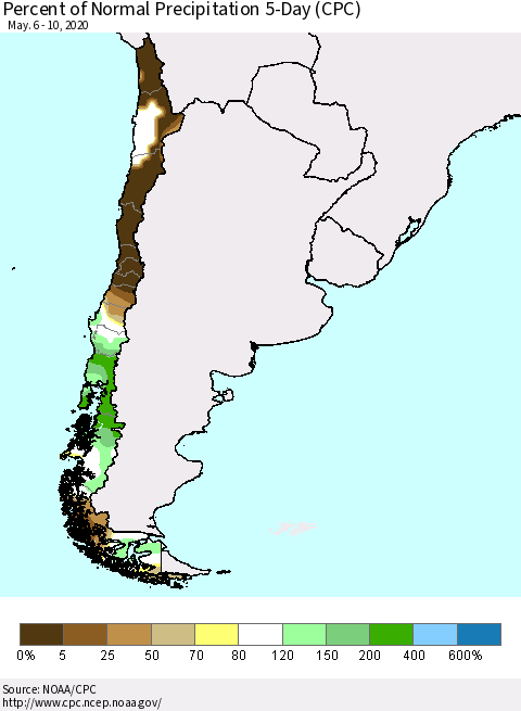 Chile Percent of Normal Precipitation 5-Day (CPC) Thematic Map For 5/6/2020 - 5/10/2020