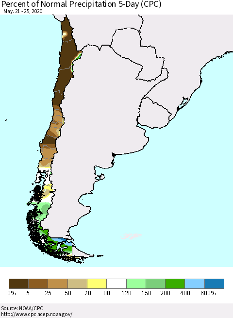 Chile Percent of Normal Precipitation 5-Day (CPC) Thematic Map For 5/21/2020 - 5/25/2020
